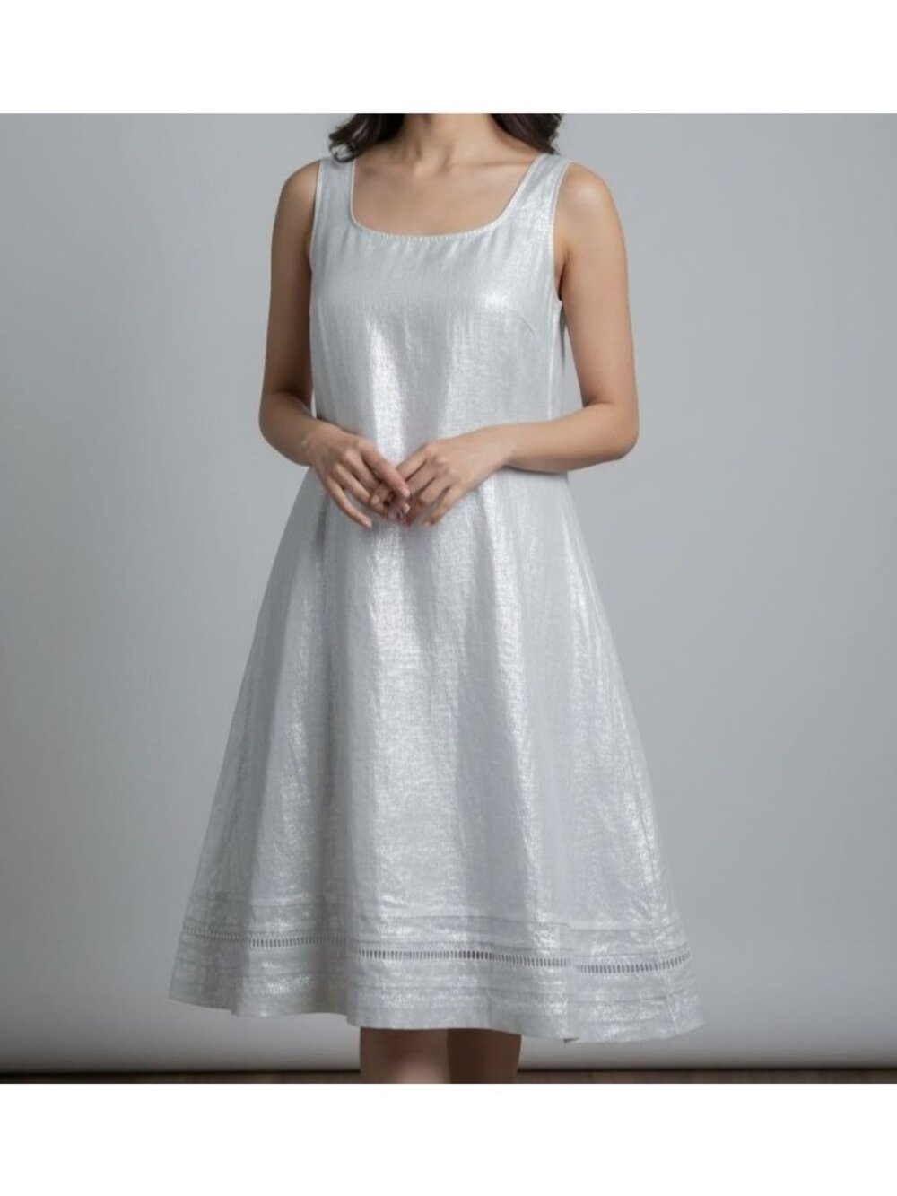 C&C California Metallic Linen A-Line Dress XS Silver Sleeveless Pockets